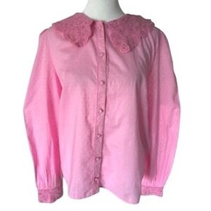 SEZANE Katherine Shirt 42 /10 Rose Flash Pink Swiss Dot‎ Lace Collar Blouse NWT
